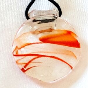Handblown Glass Art Pendant Orange and Clear Round on 24" Adjustable Necklace